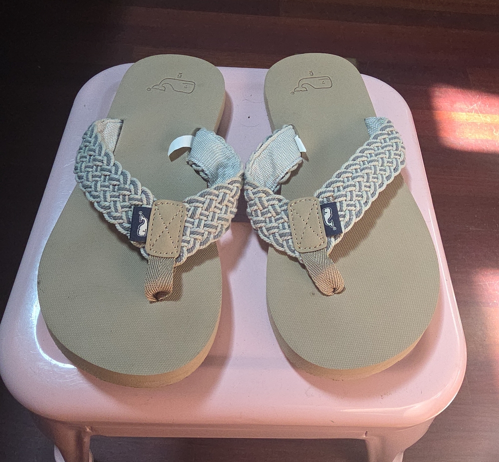 Woven Strap Flip Flop Sandals in Light Tan and Cream
